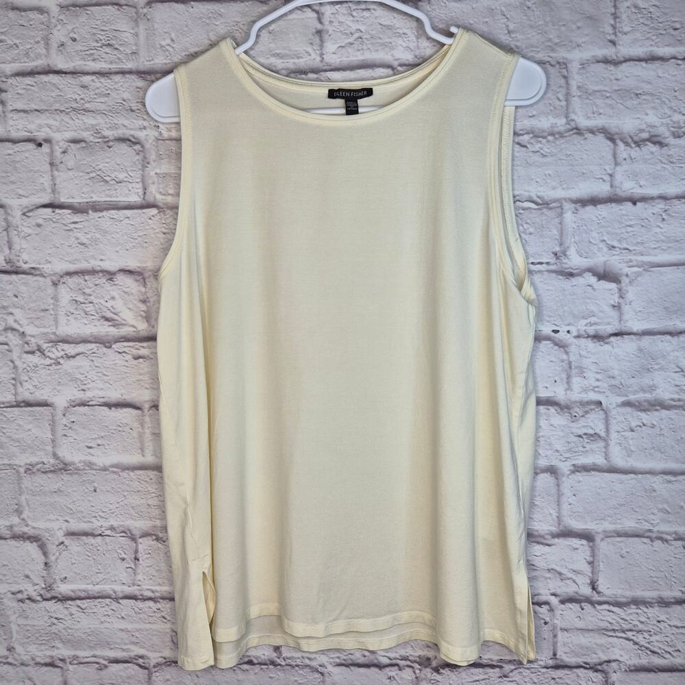 Eileen Fisher L Tank Top Tencel Lyocell Stretch Jersey Cream Scoop Neck Slit